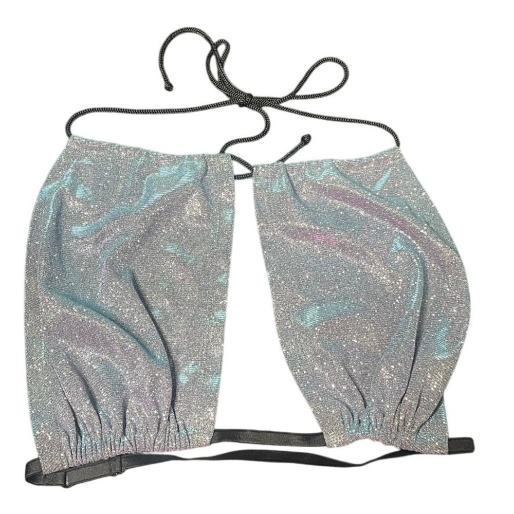 Leg Avenue Silver Iridescent Metallic Halter Crop Top Rave Festival S/M Backless